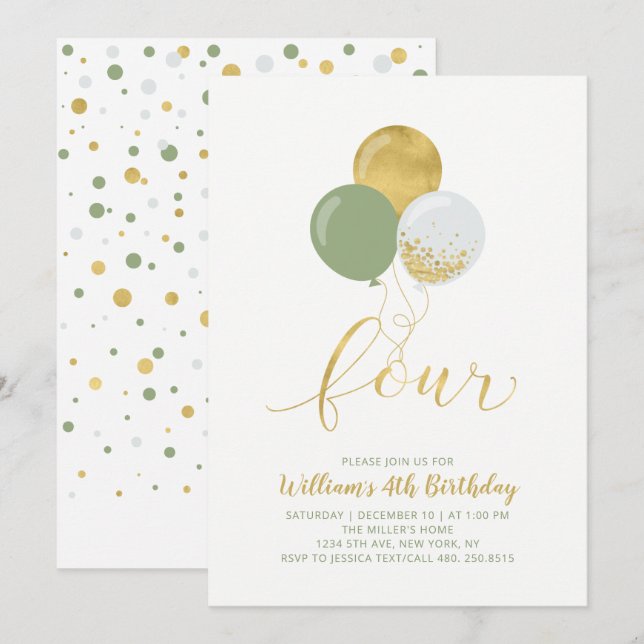 Sage & Gold Balloons Four 4th Birthday Party Invitation (Front/Back)