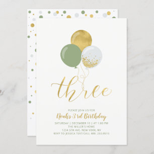 Sage & Gold Balloons Three 3rd Birthday Party Invitation