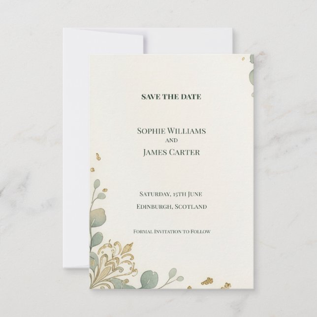 Sage Gold Botanical Save The Date Card (Front)