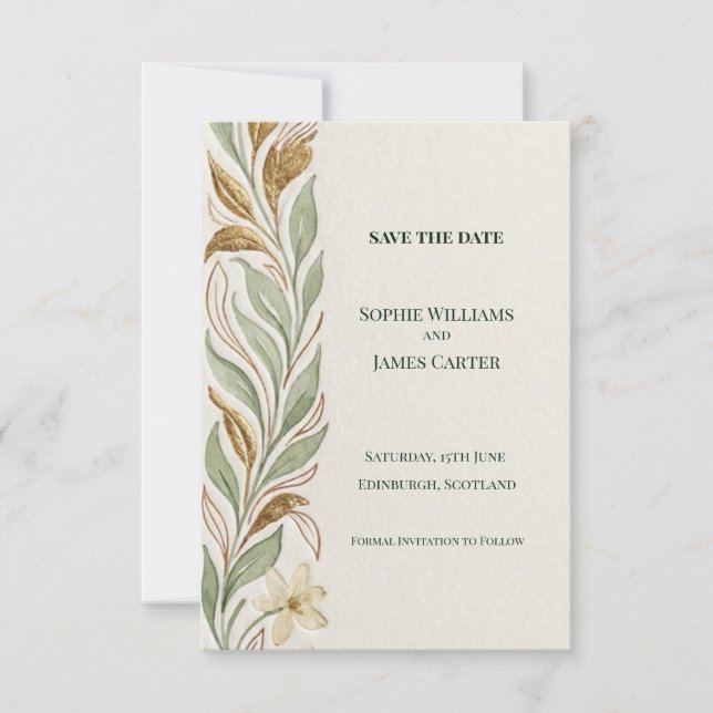 Sage Gold Botanical Save The Date Card (Front)