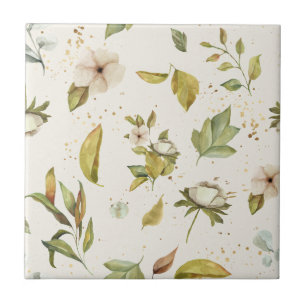 Sage, Gold, Cream Floral Seamless Clear Image Ceramic Tile