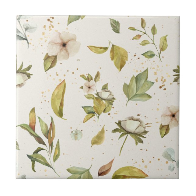 Sage, Gold, Cream Floral Seamless Clear Image Ceramic Tile (Front)
