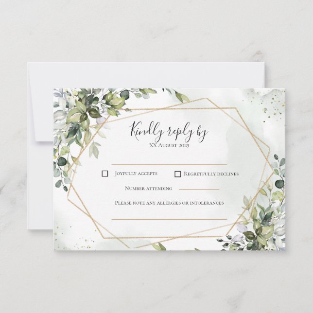 Sage gold eucalyptus geometric wedding RSVP card (Front)