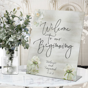 Sage & Gold Floral Welcome To Our Beginning Pedestal Sign