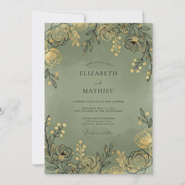 Sage Gold Leafy Wedding Invitation (Front)