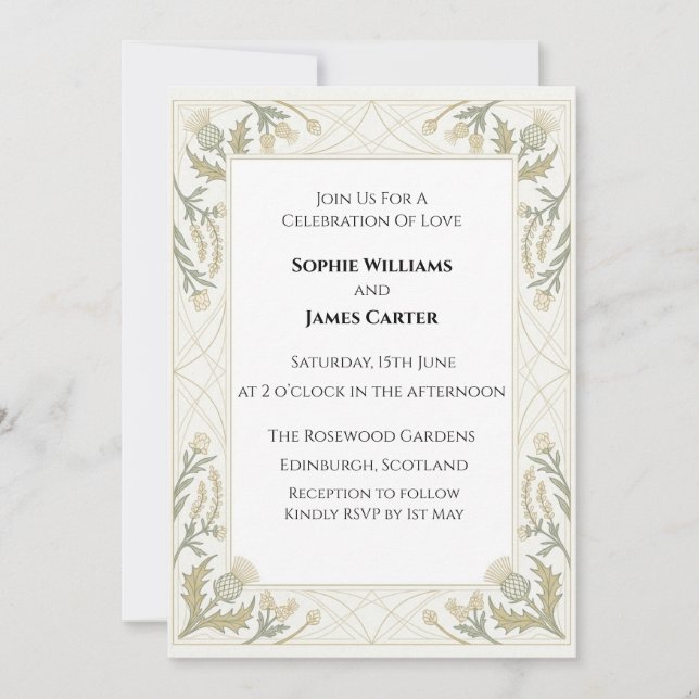Sage Gold Thistle Wedding Invitation (Front)