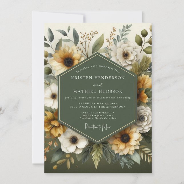 Sage Golden Harvest Bloom Wedding Invitation (Front)