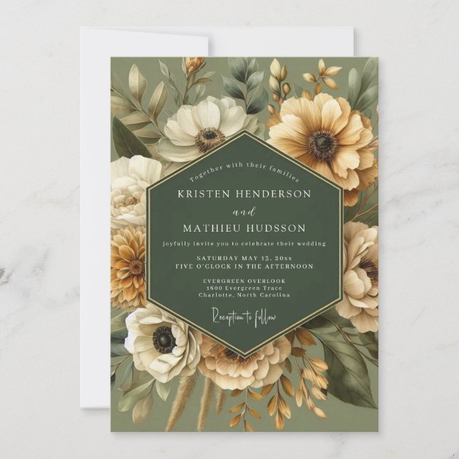 Sage Golden Vintage Bloom Wedding Invitation (Front)
