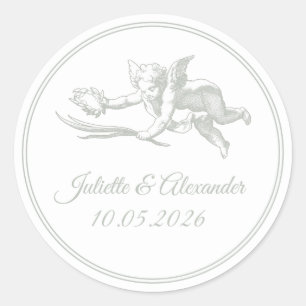 Sage Gray Toile de Jouy Cupid Round Stickers