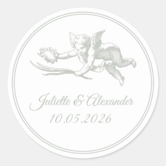 Sage Gray Toile de Jouy Cupid Round Stickers