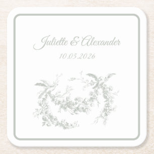 Sage Gray Toile de Jouy Wedding Paper Coasters