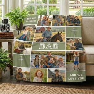 Sage Green 12 Photo Custom Dad Name Faith Legacy Fleece Blanket