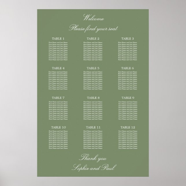 Sage Green 12 Table Wedding Seating Chart Poster (Front)