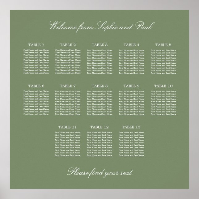Sage Green 13 Table Wedding Seating Chart Poster (Front)