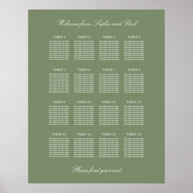 Sage Green 16 Table Wedding Seating Chart Poster (Front)