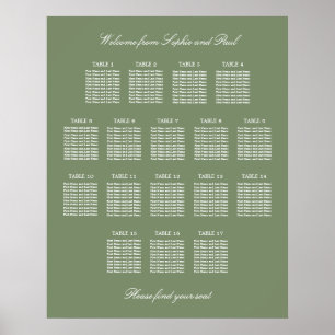 Sage Green 17 Table Wedding Seating Chart Poster