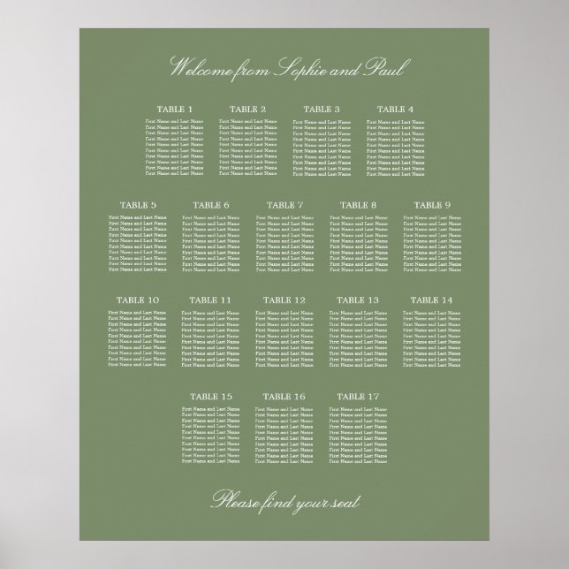 Sage Green 17 Table Wedding Seating Chart Poster (Front)