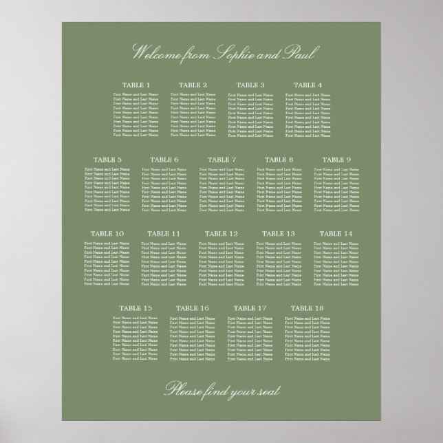 Sage Green 18 Table Wedding Seating Chart Poster (Front)