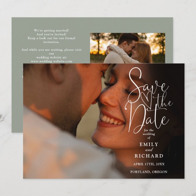 Sage Green 2 Photo Elegant Script Wedding QR Code Save The Date (Front/Back)