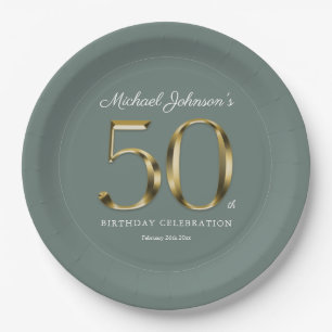 Sage Green 50th Birthday Solid Gold Typography Paper Plate