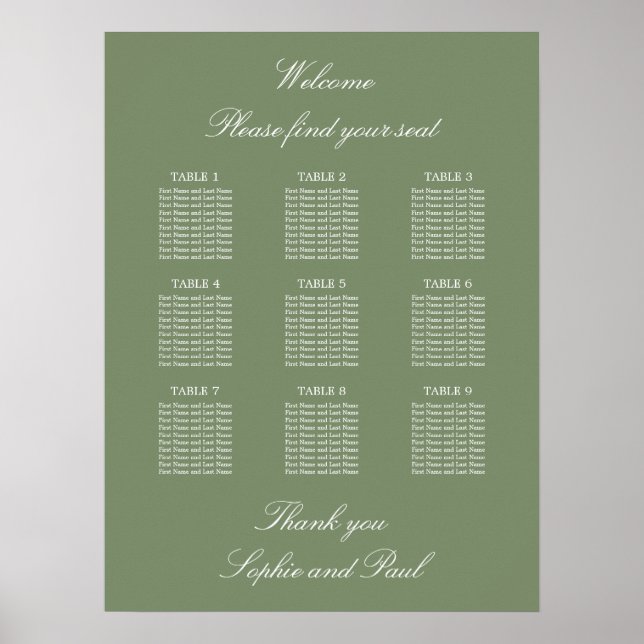 Sage Green 9 Table Wedding Seating Chart Poster (Front)