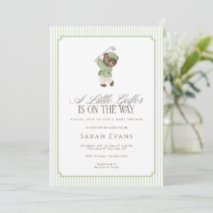 Sage Green A Little Golfer Teddy Bear Baby Shower Invitation