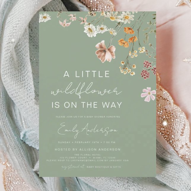 Sage Green A Little Wildflower Baby Shower Invitation (Creator Uploaded)