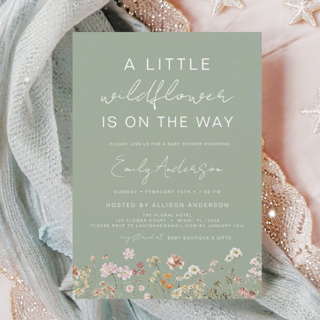 Sage Green A Little Wildflower Baby Shower Invitation (Creator Uploaded)