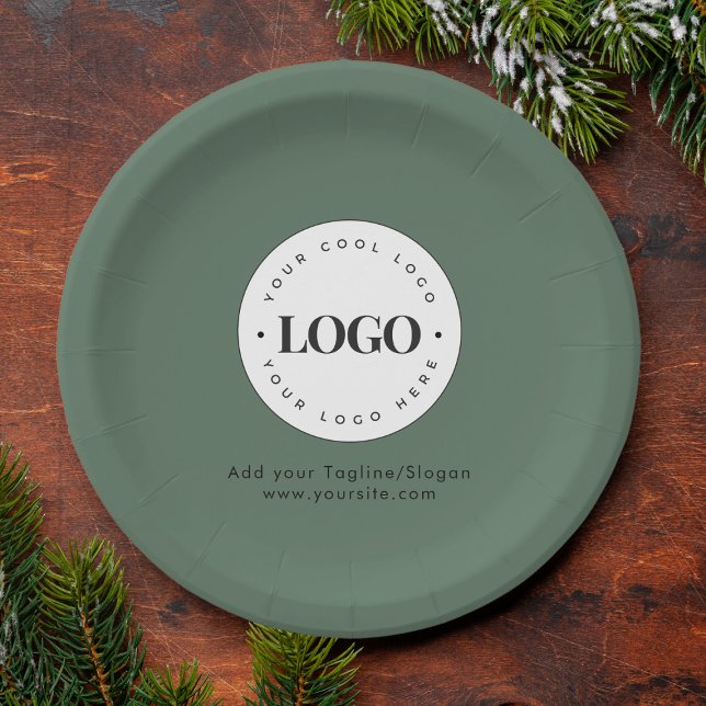 Sage Green Add Custom Business Company Logo Party Paper Plate (Creator Uploaded)