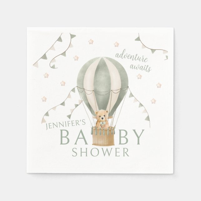 Sage Green Adventure Teddy Bear Baby Boy Shower Napkin (Front)