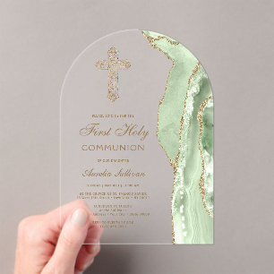 Sage Green Agate First Communion Acrylic Invitations