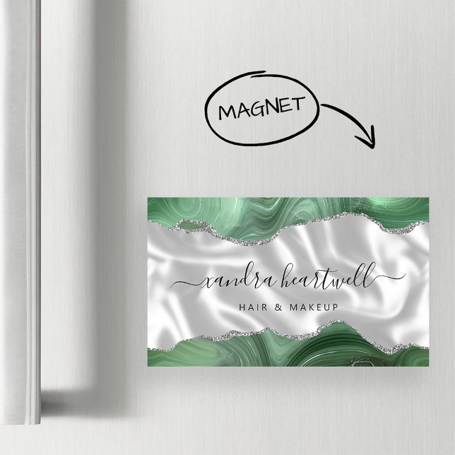 Sage Green Agate Silver Glitter Luxury Magnetic Business Card (Creator Uploaded)