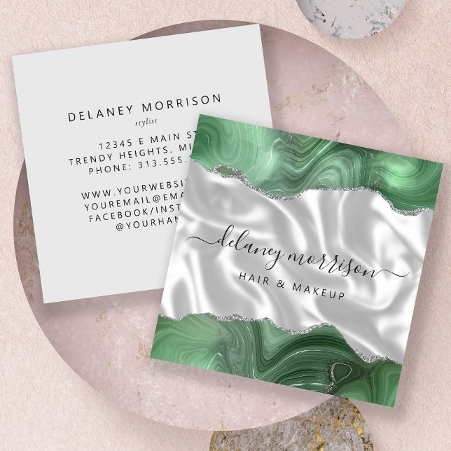 Sage Green Agate Silver Glitter White Luxury Square Business Card (Creator Uploaded)