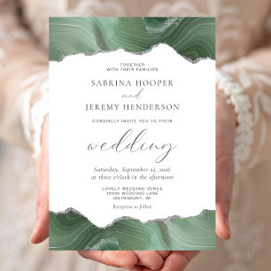 Sage Green Agate Silver Wedding Invitation