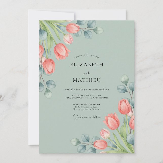 Sage Green Airy Tulip Spring Wedding Invitation (Front)