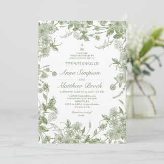 Sage Green All in One French Wild florals Wedding Invitation