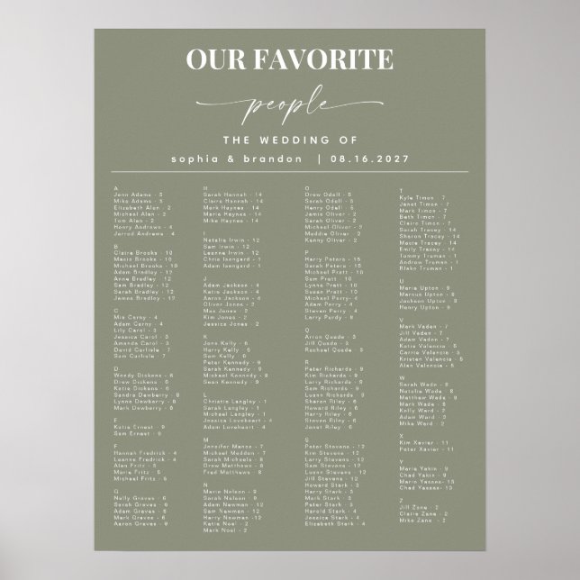 Sage Green Alphabetical Wedding Seating Chart (Front)