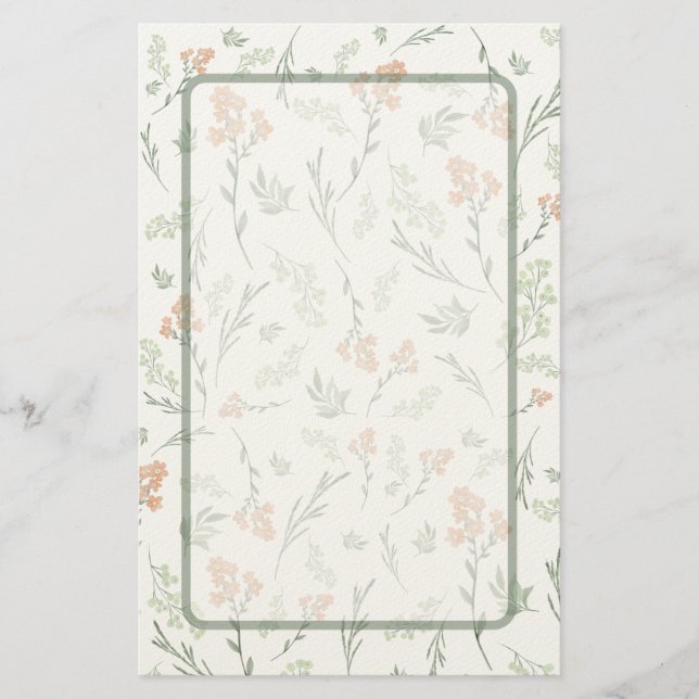Sage Green and Apricot Wildflower Watercolor Stationery (Front)