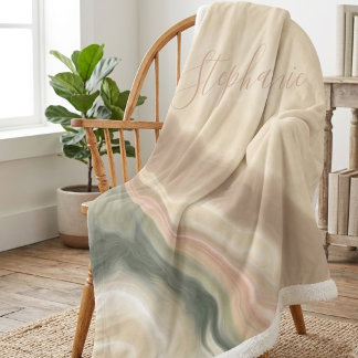 Sage Green and Beige Abstract Watercolor Name Sherpa Blanket