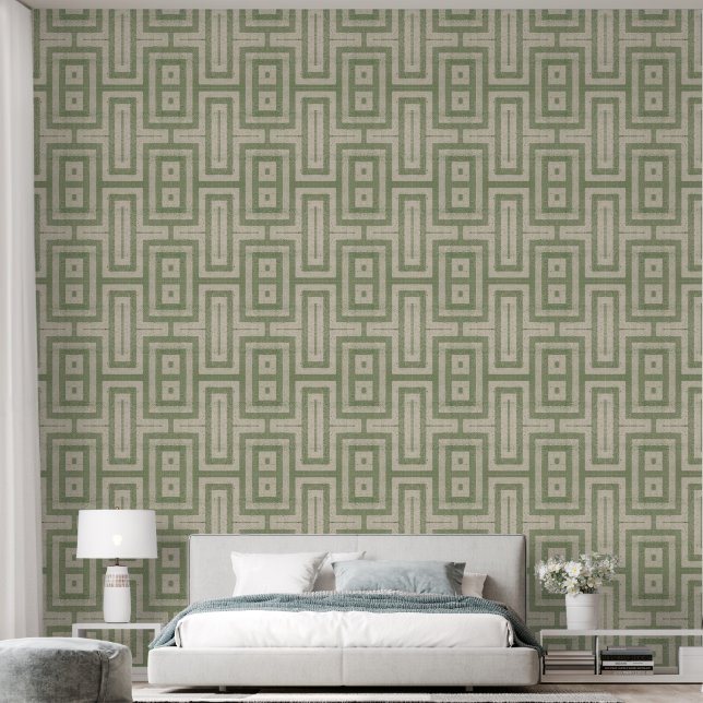 Sage Green and Beige MCM Modern Print  Wallpaper (Bedroom)