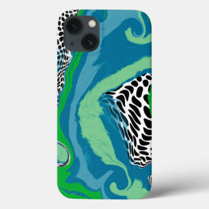 Sage Green and Blue, Black and White Dots Abstract iPhone 13 Case