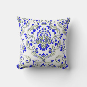 Sage Green and Blue Damask Floral Pattern Elegant  Cushion