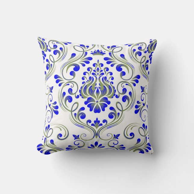 Sage Green and Blue Damask Floral Pattern Elegant  Cushion (Front)