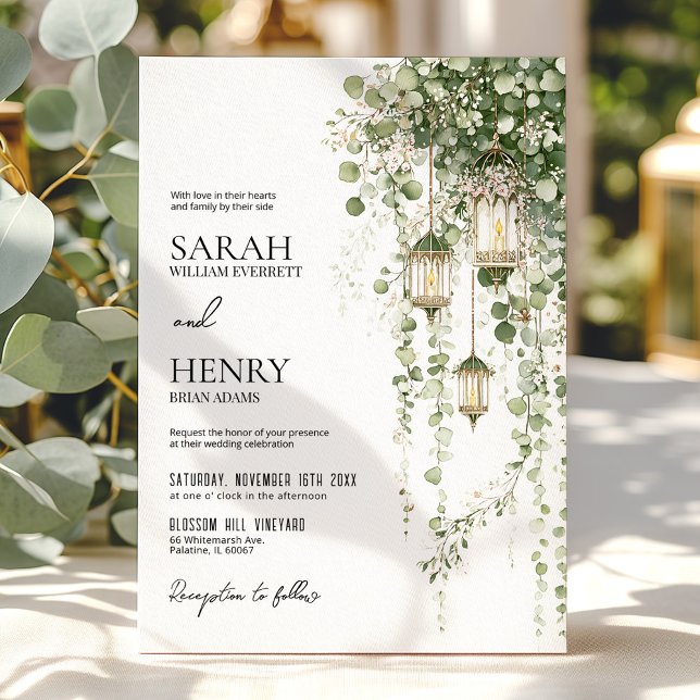 Sage Green and Blush Eucalyptus Lantern Wedding Invitation (Creator Uploaded)