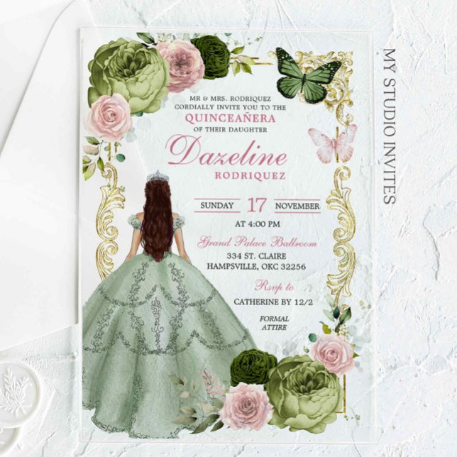 Sage Green and Blush Princess Quinceanera Acrylic Invitations (Creator Uploaded)