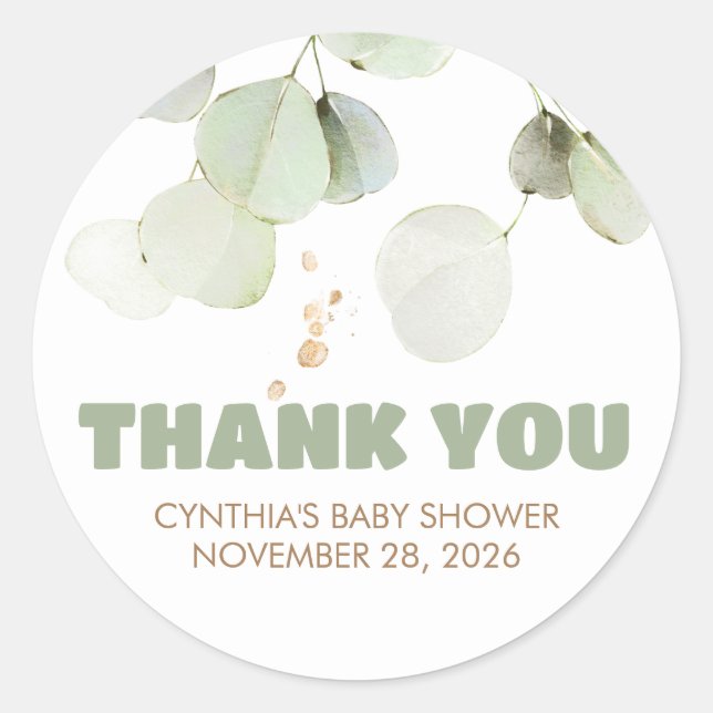 Sage Green and Brown Eucalyptus Leaves Thank You Classic Round Sticker (Front)