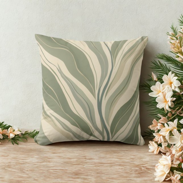 Sage Green and Cream Abstract Leaves Pattern Cushion (Sage green and cream abstract botanical leaves throw pillow )