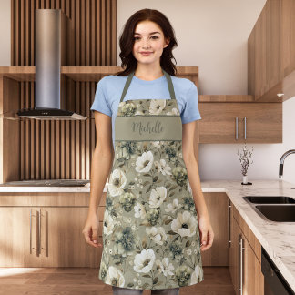 Sage Green And Cream Floral Apron