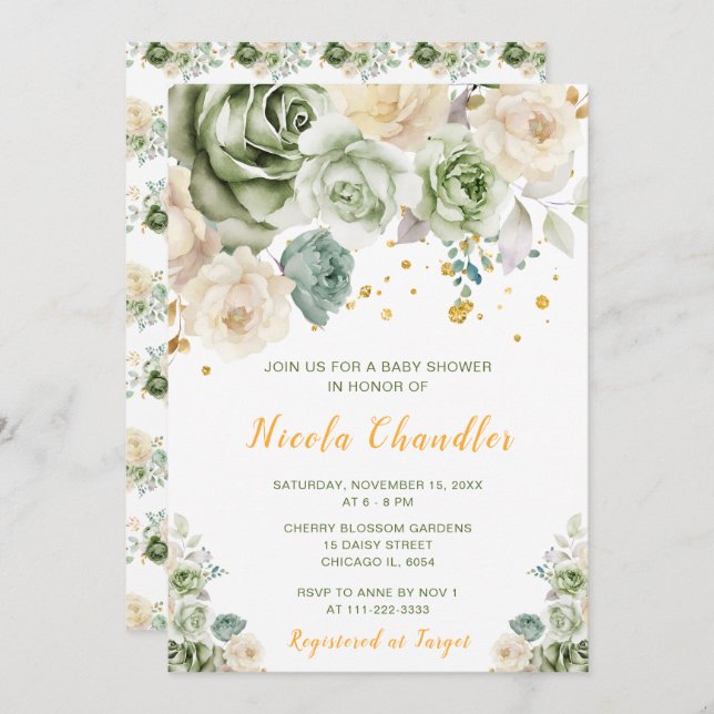 Sage Green and Cream Floral Baby Shower Invitation (Front/Back)