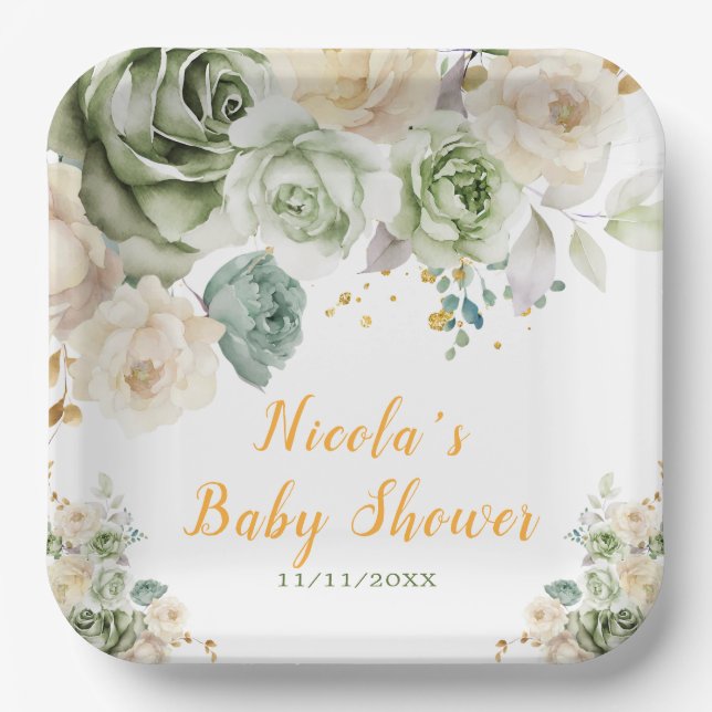 Sage Green and Cream Floral Baby Shower Paper Plate (Front)